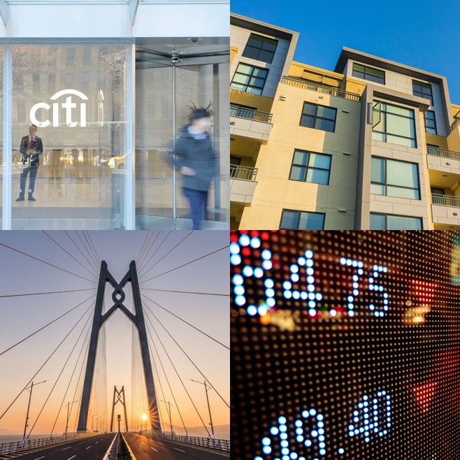image Collage, Citi Bank, Apartments, Stock Prices, Suspension Bridge at sunset